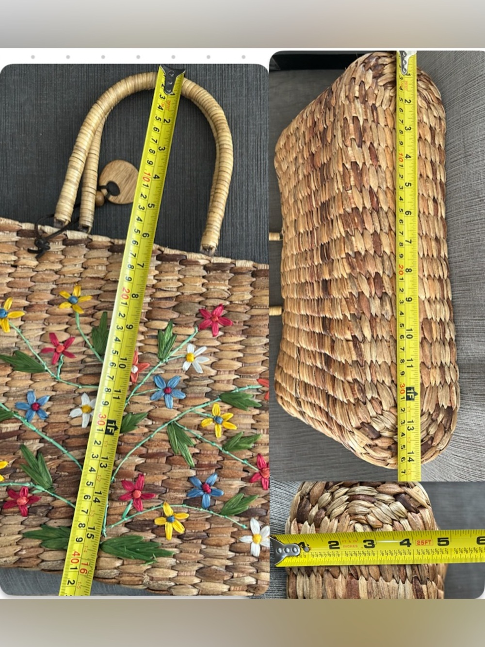 Esprit de Corp Vintage 80s Floral Embroidered Straw Woven Boho Market Tote Bag - Picture 9 of 10